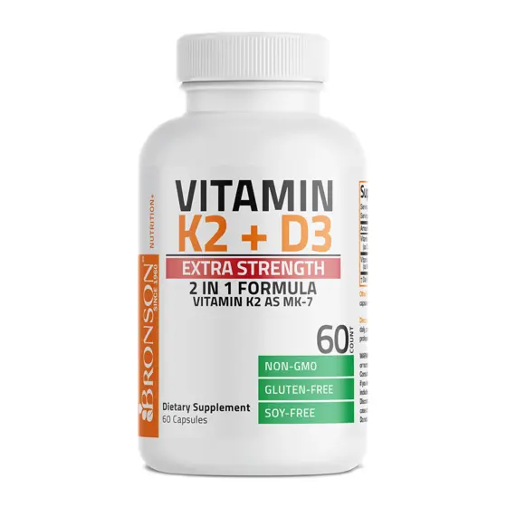 Bronson Vitamin K2 + D3 Extra Strength — عبوة مكمل غذائي / dietary supplement bottle