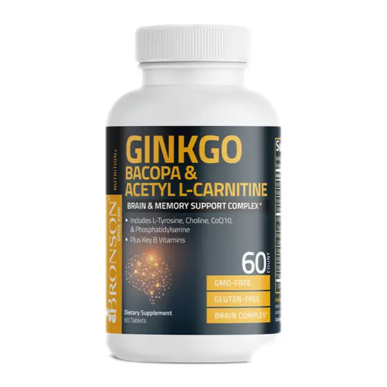 Bronson Ginkgo, Bacopa & Acetyl L-Carnitine — عبوة مكمل غذائي / dietary supplement bottle