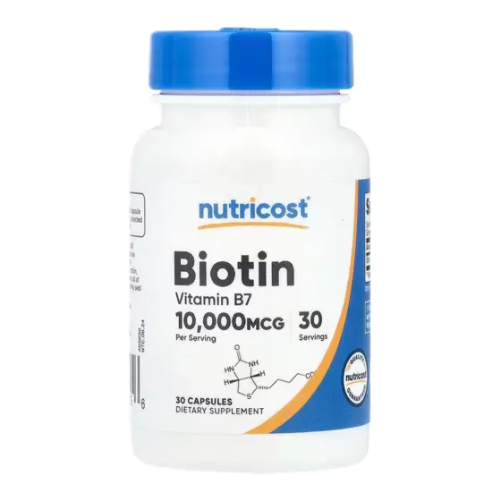 Nutricost Biotin (Vitamin B7) 10,000 mcg — عبوة مكمل غذائي / dietary supplement bottle